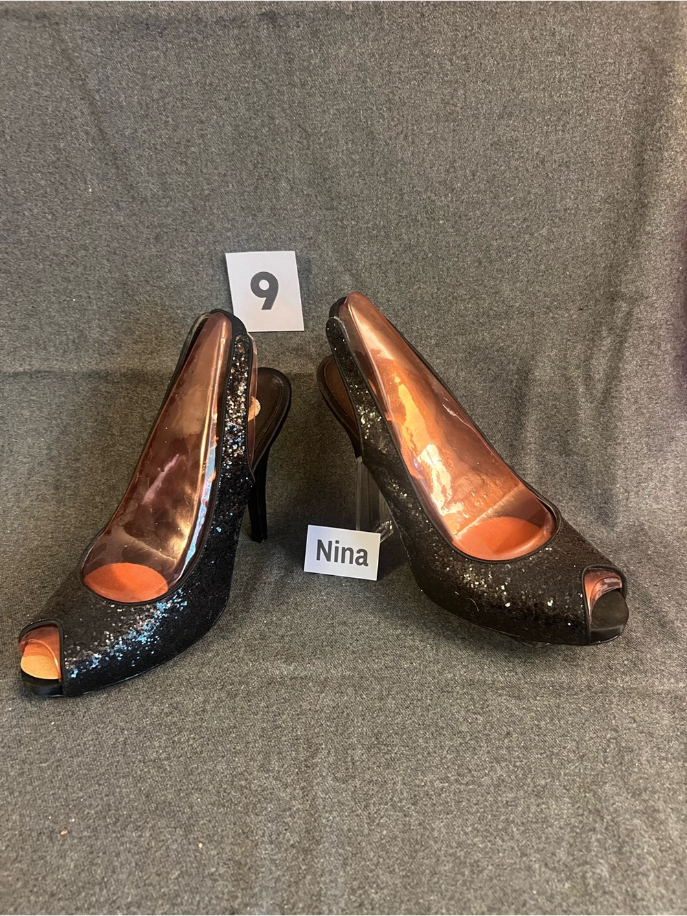 Nina Black Glitter Peep-Toe Slingback Heels